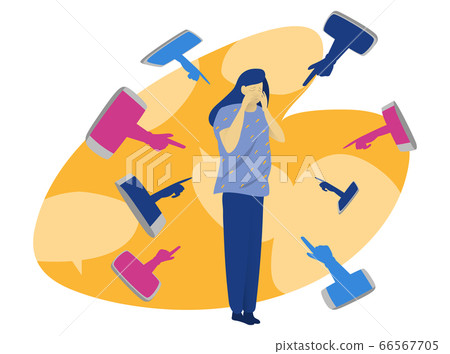 Hand from mobile phone pointing female character, toxic message online cyberbullying isolated on white, flat vector illustration. 66567705
