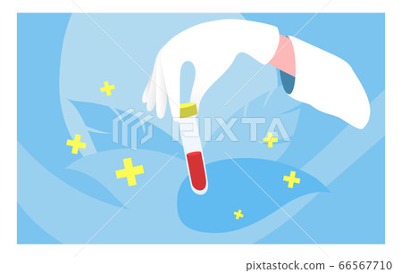 Male hand white glove hold therapeutic flask blood, medical arm professional doctor, bloodstream concept leaf background cartoon vector illustration. 66567710