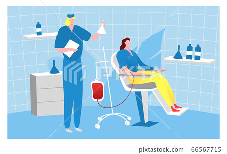 Bloodstream donor people, character doctor male take blood female patient flat vector illustration. Design medical examination room. Bloodstream donor people, character doctor male take blood female patient flat vector illustration. Design medical examination room. 66567715