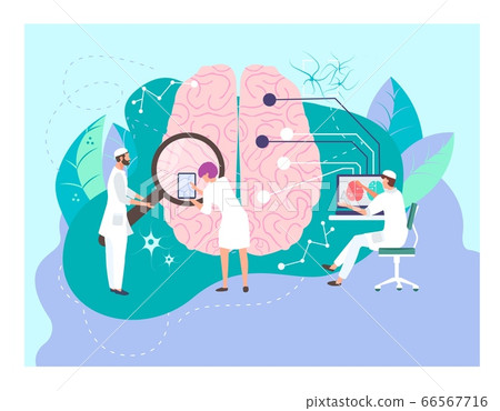 Tiny character doctor male hold magnifying glass research human brain flat vector illustration. Biology therapeutic scientist man sitting computer. Tiny character doctor male hold magnifying glass research human brain flat vector illustration. Biology therapeutic scientist man sitting computer. 66567716