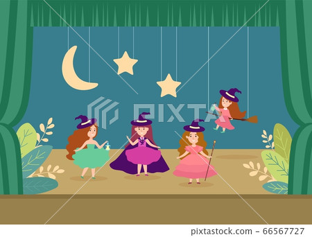 Young woman character school theatre performance flat vector illustration. Children magic little girl casting sorcery art. Young woman character school theatre performance flat vector illustration. Children magic little girl casting sorcery art. 66567727