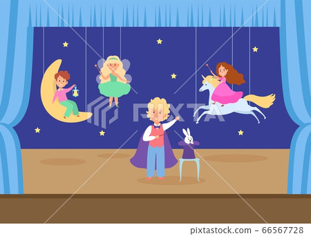 Child character play young school theatre flat vector illustration. Children magic performance, boy conjures girl unicorn female fairy. Child character play young school theatre flat vector illustration. Children magic performance, boy conjures girl unicorn female fairy. 66567728
