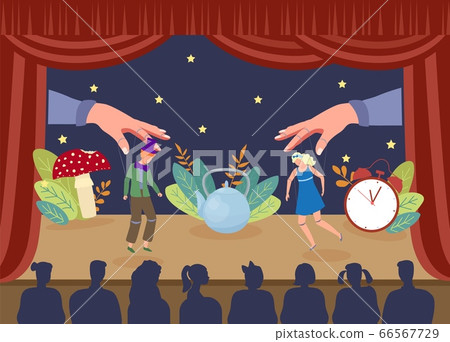 Simple theater puppet show, vector illustration. Performance marionettes actors on stage, large hands pulling threads from curtain Simple theater puppet show, vector illustration. Performance marionettes actors on stage, large hands pulling threads from curtain 66567729