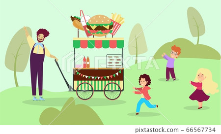 Street cafe national urban park, garden city fast food shop flat vector illustration. Child character play outdoor reserve and devour foodstuff. Street cafe national urban park, garden city fast food shop flat vector illustration. Child character play outdoor reserve and devour foodstuff. 66567734