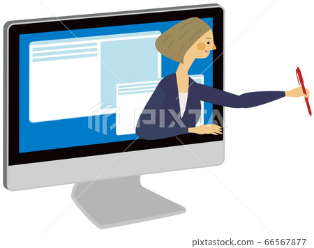 Woman embarking from a computer Red pen Woman embarking from a computer Red pen 66567877