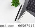 Laptop, plant, pen, notebook on white background. Workspace concept. Top view, copy space, flat lay, mock up 66567915