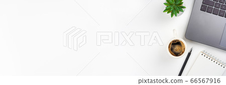 Laptop, coffee cup, plant, notebook, pen on white background. Workplace concept. Top view, copy space, flat lay, horizontal banner Laptop, coffee cup, plant, notebook, pen on white background. Workplace concept. Top view, copy space, flat lay, horizontal banner 66567916