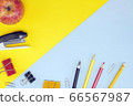 Bright stationery, red apple on blue yellow background. Back to school, workspace concept. Top view, flat lay, copy space, mock up, layout design 66567987