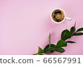 Cup of coffee and green plant branch on white background. Menu, break concept. Top view, copy space, flat lay 66567991