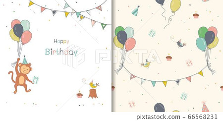 Set of happy birthday greeting card and seamless pattern,hand drawn cute monkey,balloons,bunting with confetti for decorative,print or wrapping paper 66568231