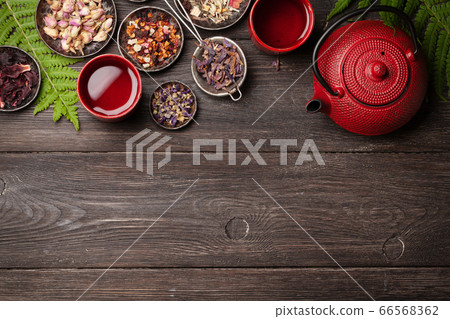 Various herbal tea, teapot and cup 66568362