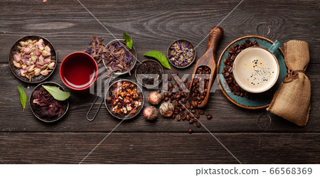 Various herbal tea and espresso coffee 66568369
