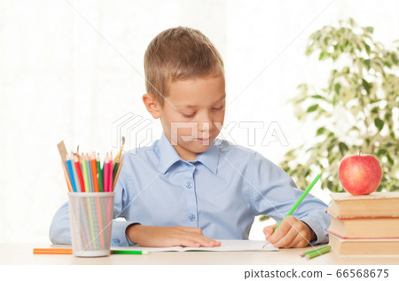 Young schoolboy sitting at the table and doing Young schoolboy sitting at the table and doing 66568675