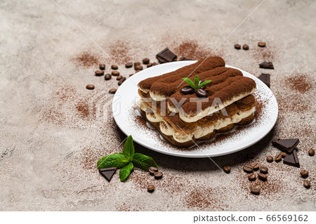 Classic tiramisu dessert on ceramic plate on concrete background 66569162