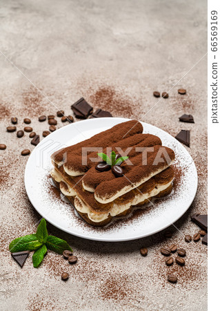 Classic tiramisu dessert on ceramic plate on concrete background 66569169
