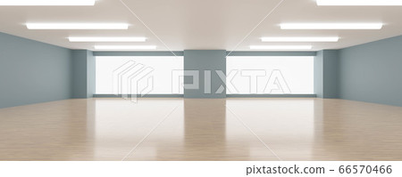 Big white bright loft room architecture render 3d illustration with shiny wooden floor and blue textured walls day light high key lighting 66570466