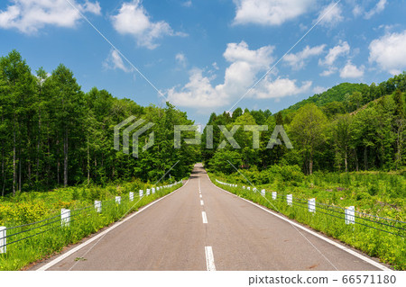 Scenery of Bandai Azuma Lake Line in early summer Blue sky and straight road Inawashiro Town, Fukushima Prefecture 66571180