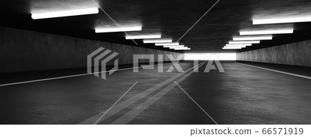 Underground concrete road high way tunnel with low key blue lighting industrial grunge concrete background 3d render illustration 66571919