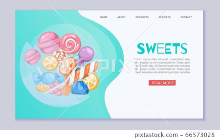 Candy sweet landing banner, vector illustration. Web page with colorful food, sugar snack cartoon design. Internet template Candy sweet landing banner, vector illustration. Web page with colorful food, sugar snack cartoon design. Internet template 66573028