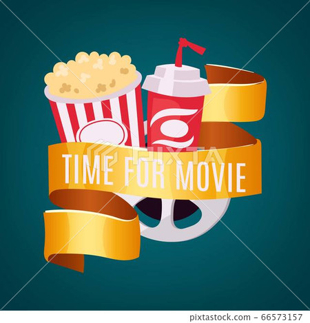 Movie time in cinema, entertainment vector illustration. Film with popcorn box, cinematography video striped concept. Pop poster 66573157