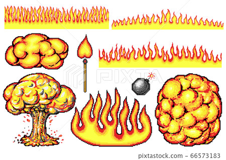 Nuclear explosion. Pixel art 8 bit fire objects. Mushroom cloud. Game icons set. Comic large boom 66573183