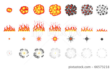 Nuclear explosion. Pixel art 8 bit fire objects. Game icons set. Comic boom flame effects. Bang Nuclear explosion. Pixel art 8 bit fire objects. Game icons set. Comic boom flame effects. Bang 66573218