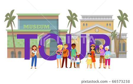 Inscription tour, tourist banner, guide for travelers, travel on vacation, background guides, cartoon style vector illustration. 66573238