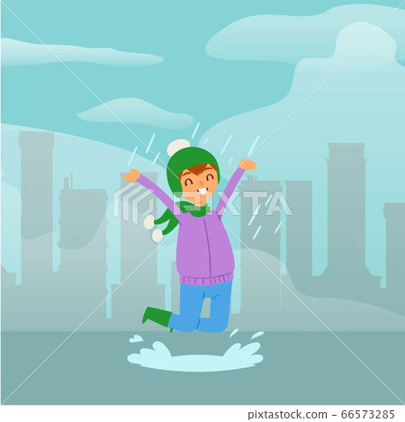 Joyful, funny girl in rain, child jumping in puddle, cute childish background design, cartoon style vector illustration. 66573285