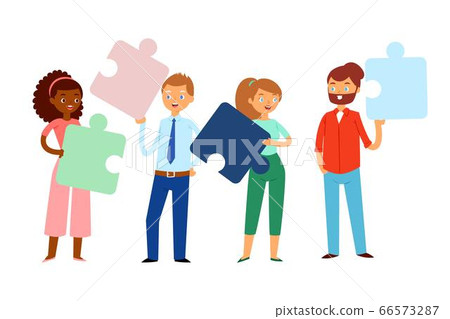 Composition, people holding puzzles in their hands, bright concept business team, design, cartoon style vector illustration. 66573287