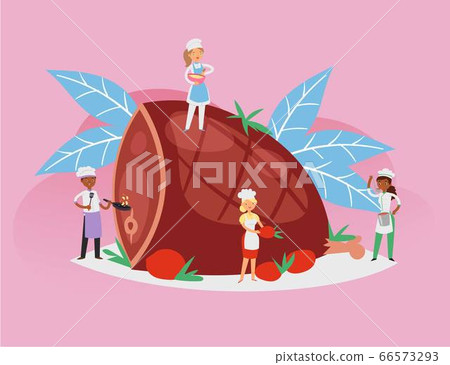 people cook food, recipe composition, cooked, appetizing grilled pork meat by experienced cook cartoon style vector illustration. people cook food, recipe composition, cooked, appetizing grilled pork meat by experienced cook cartoon style vector illustration. 66573293