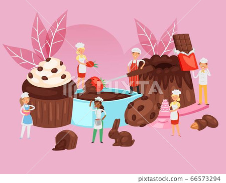 People cook chocolate, food recipe composition, professional bakery banner, desserts baking, cartoon style vector illustration. People cook chocolate, food recipe composition, professional bakery banner, desserts baking, cartoon style vector illustration. 66573294