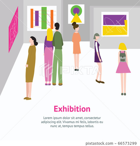 Cartoon Color Exhibition Inside Interior and Visitors Card. Vector 66573299