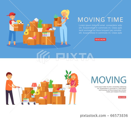 moving time, inscription on banner, woman in house, apartment with collected things, design, cartoon style vector illustration. 66573836