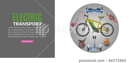 Bright banner, inscription electric transport, modern eco-technology, service ride through city at speed. urban sports webpage. 66573860