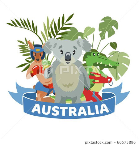 Ribbon words Australia, colorful banner, animals wildlife Australian continent, design, cartoon style vector illustration. 66573896