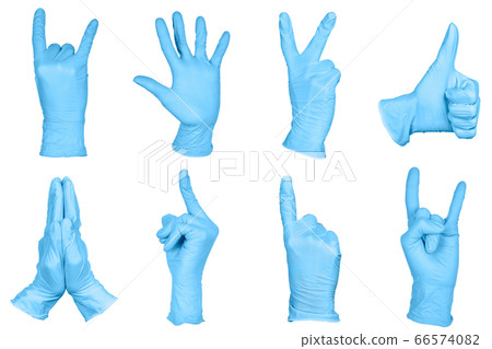 Set of hand or signs gestures in blue disposable gloves 66574082