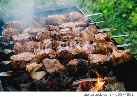 pork kebab fried on skewers on the grill 66574891