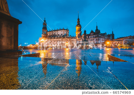 Dresden city center with dramatic sky at twilight, Saxony, Germany 66574969