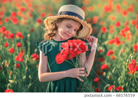 Cute little girl in green dress and straw hat with a bouquet of poppies posing at field of poppies in her hands on summer sunset Cute little girl in green dress and straw hat with a bouquet of poppies posing at field of poppies in her hands on summer sunset 66576559