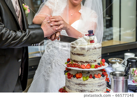 Groom and bride marriage Cutting the delicious fruity Wedding Cake together colorful fruits Groom and bride marriage Cutting the delicious fruity Wedding Cake together colorful fruits 66577148