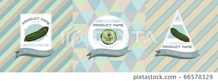 Three colored labels with illustration of cucumber 66578329