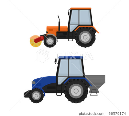Road cleaning machine excavator tractor vector vehicle truck sweeper cleaner wash city streets illustration, vehicle van cat excavator bulldozer tractor lorry transportation isolated on background 66579174