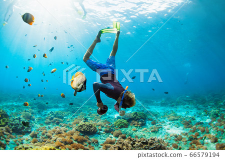 Young man in snorkelling mask dive underwater Young man in snorkelling mask dive underwater 66579194