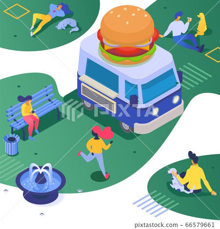 Isometric food truck vector illustration. Fastfood hot design, street snack at city van. Man woman people character eating in park 66579661