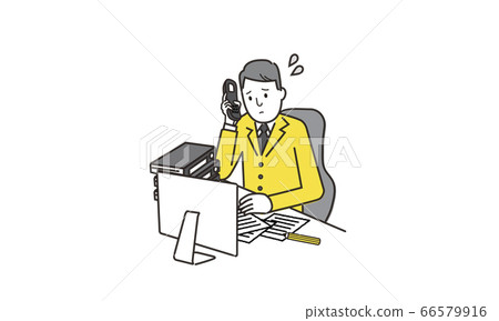 Illustration of a businessman holding a phone and worried in front of a personal computer 66579916