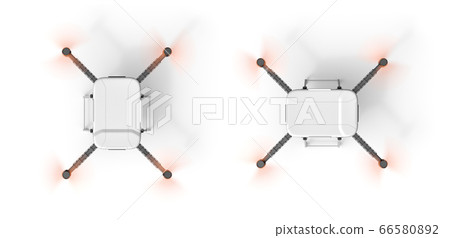 3d rendering of top view of quadcopter with working propellers isolated on white background 3d rendering of top view of quadcopter with working propellers isolated on white background 66580892