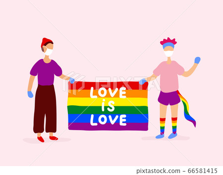 Two gays in medical masks holding rainbow flag 66581415