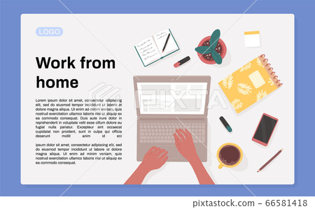 Top view of woman's hands at desk with laptop 66581418