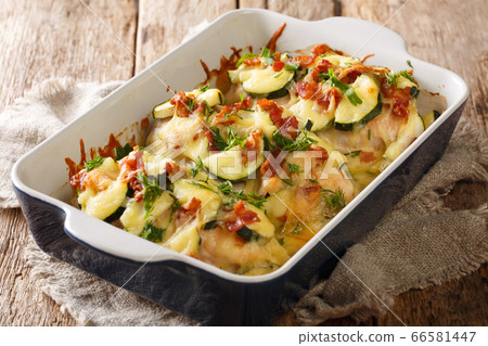 Light baked chicken casserole with zucchini, bacon 66581447