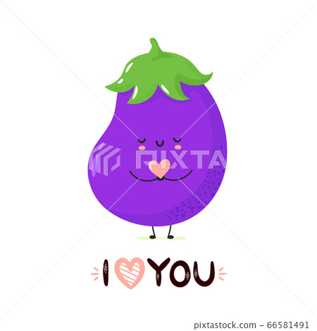 Cute smiling eggplant holding heart in hands Cute smiling eggplant holding heart in hands 66581491